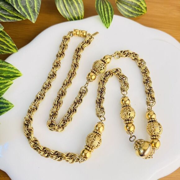1928 Chunky Interlocking Chain Victorian Filigree Beads Gold Tone Necklace 1422 - Picture 2 of 11